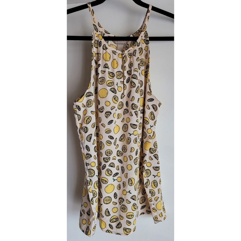 Banana Republic Tank Top Women M Sleeveless Lemon Print Beige Yellow Black
